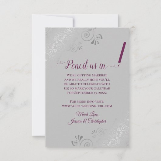 Elegant Silver Lace Magenta over Grijze fotobruilo Save The Date (Achterkant)