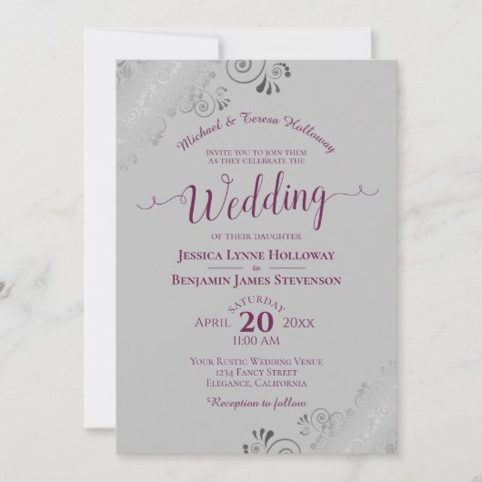 Elegant Silver Lace Magenta over het grijze formel Kaart (Voorkant)