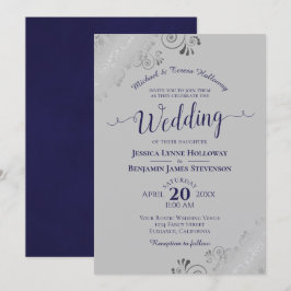 Elegant Silver Lace Navy Blue Formal Gray Wedding Kaart