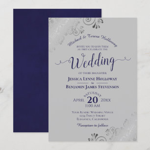 Elegant Silver Lace Navy Blue Formal Gray Wedding Kaart