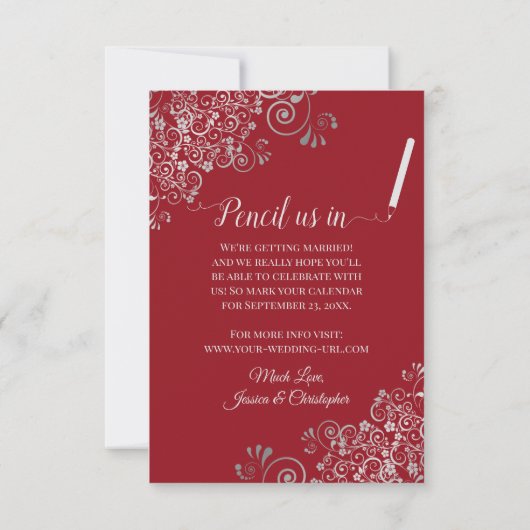 Elegant Silver Lace over de Rode Foto van Crimson  Save The Date (Achterkant)