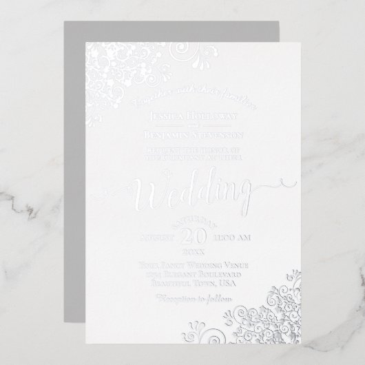 Elegant Silver Lace over het klassieke witte huwel Folie Uitnodiging (Voorkant / Achterkant)