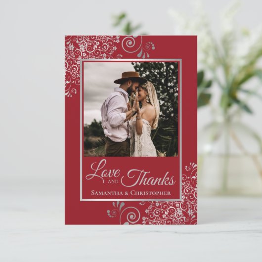 Elegant Silver Lace over Rode Liefde en Bedankt We (Staand voorkant)