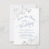 Elegant Silver Lace Periwinkle Blue White Wedding Save The Date (Voorkant)