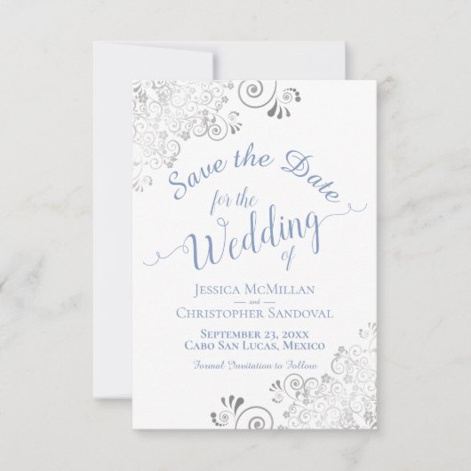 Elegant Silver Lace Periwinkle Blue White Wedding Save The Date (Voorkant)