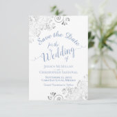 Elegant Silver Lace Periwinkle Blue White Wedding Save The Date (Staand voorkant)