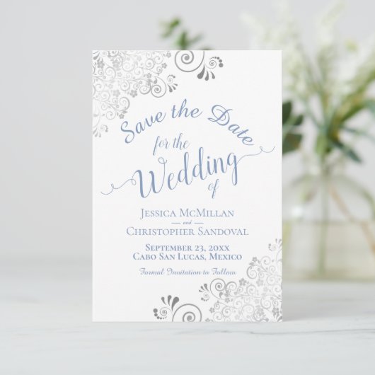Elegant Silver Lace Periwinkle Blue White Wedding Save The Date (Staand voorkant)