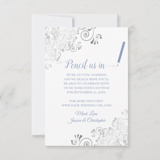 Elegant Silver Lace Periwinkle Blue White Wedding Save The Date (Achterkant)