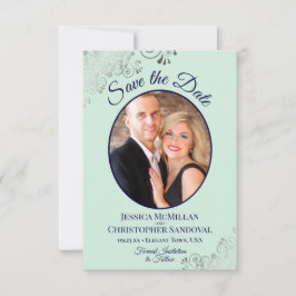 Elegant Silver Lace & Photo Mint & Navy Wedding Save The Date