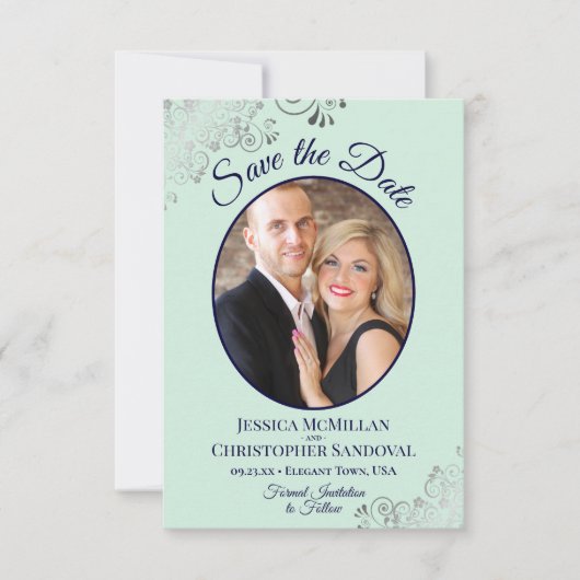 Elegant Silver Lace & Photo Mint & Navy Wedding Save The Date (Voorkant)