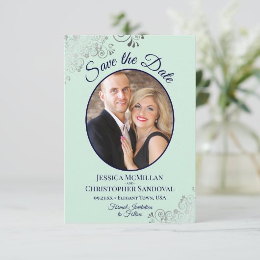 Elegant Silver Lace & Photo Mint & Navy Wedding Save The Date (Staand voorkant)