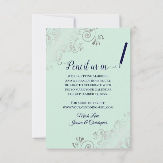 Elegant Silver Lace & Photo Mint & Navy Wedding Save The Date (Achterkant)