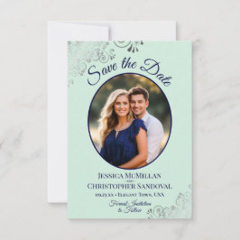 Elegant Silver Lace & Photo Mint & Navy Wedding Save The Date