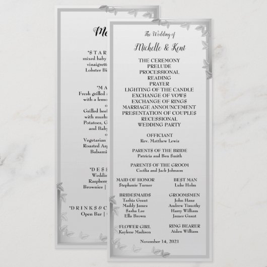 Elegant Silver Leaves Design Wedding Menu Card Kaart (Voorkant / Achterkant)