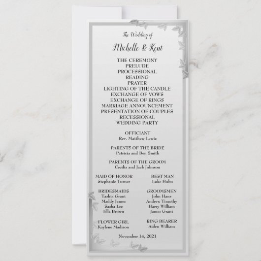 Elegant Silver Leaves Design Wedding Menu Card Kaart (Voorkant)