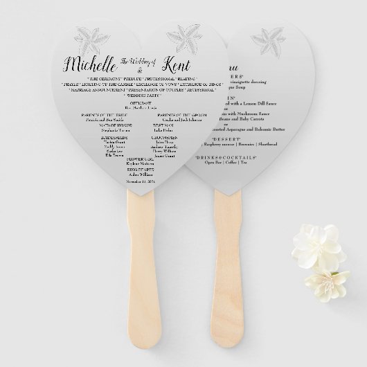 Elegant Silver Leaves Wedding Menu Heart Fans Handwaaier (Voorkant en achterkant)
