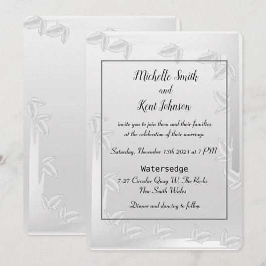 Elegant Silver Leaves Wedding Uitnodiging (Voorkant / Achterkant)