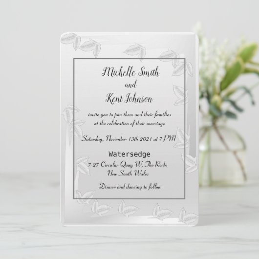Elegant Silver Leaves Wedding Uitnodiging (Staand voorkant)