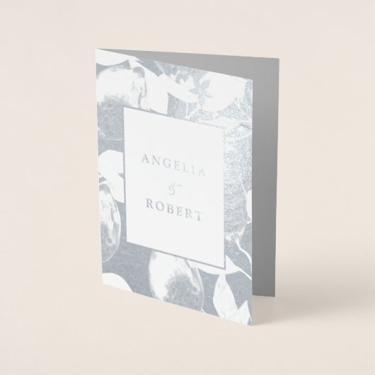 Elegant Silver Lemons & Foliage Wedding Real Folie Kaarten (Voorkant)