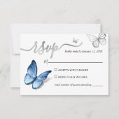 Elegant Silver Light Baby Blue Butterfly Wedding RSVP Kaartje (Voorkant)