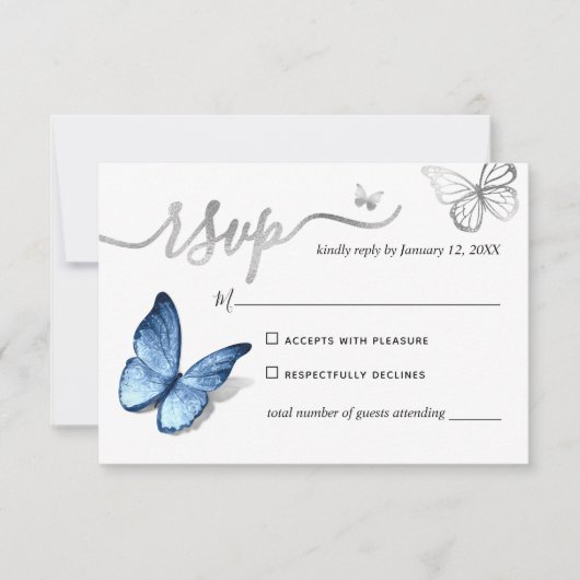 Elegant Silver Light Baby Blue Butterfly Wedding RSVP Kaartje (Voorkant)