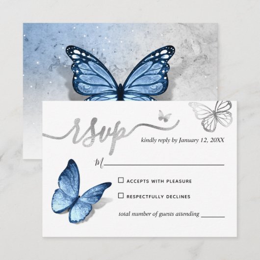 Elegant Silver Light Baby Blue Butterfly Wedding RSVP Kaartje (Voorkant / Achterkant)