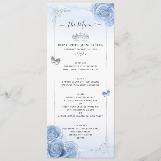 Elegant Silver Light Blue Rozen Waterverf Floral Menu (Voorkant)
