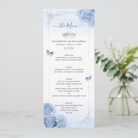 Elegant Silver Light Blue Rozen Waterverf Floral Menu (Staand voorkant)