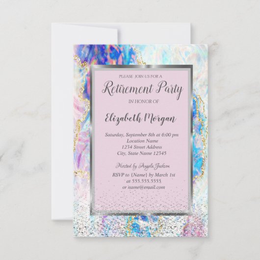 Elegant Silver Lijst Confetti Opal Retirement Kaart (Voorkant)