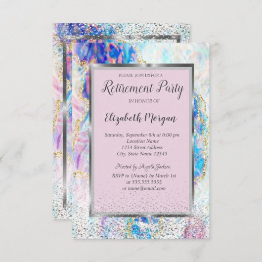 Elegant Silver Lijst Confetti Opal Retirement Kaart (Voorkant / Achterkant)