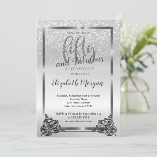Elegant Silver Lijst Glitter 50e verjaardag Kaart (Staand voorkant)