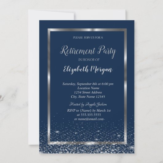 Elegant Silver Lijst Navy Confetti Retirement Kaart (Voorkant)