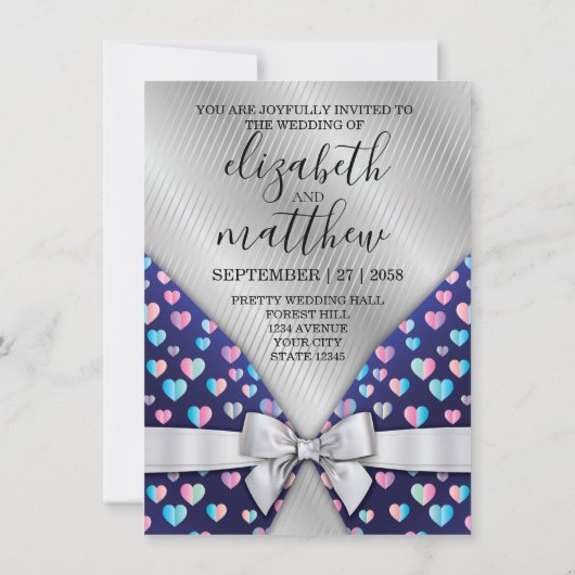 Elegant Silver Lines Invitation Bow and Heart Spec Kaart (Achterkant)