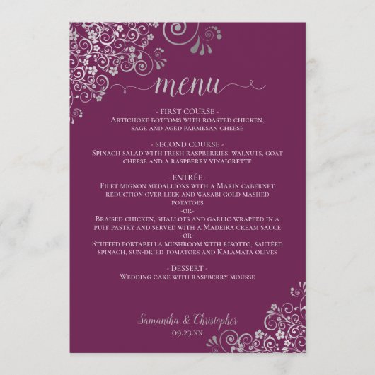 Elegant Silver & Magenta Plum Paarse bruiloft Menu (Voorkant)