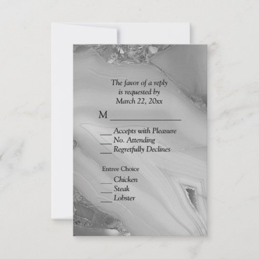 Elegant Silver Marble Agate RSVP met menuopties (Voorkant)