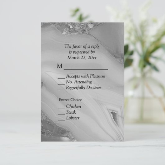 Elegant Silver Marble Agate RSVP met menuopties (Staand voorkant)