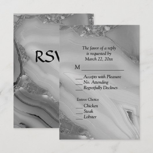 Elegant Silver Marble Agate RSVP met menuopties Kaartje (Voorkant / Achterkant)