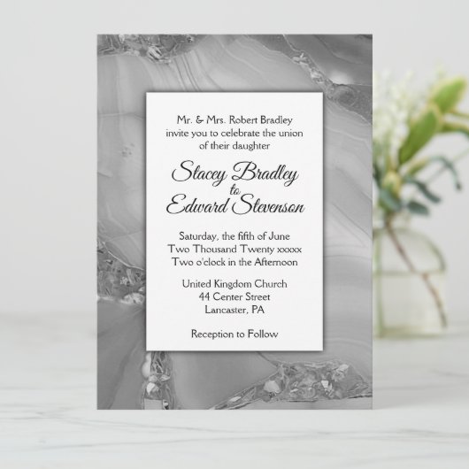 Elegant Silver Marble Agate Wedding Uitnodiging (Staand voorkant)