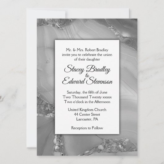 Elegant Silver Marble Agate Wedding Uitnodiging (Voorkant)