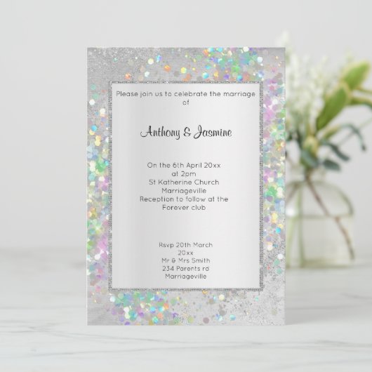 ELEGANT SILVER MARBLE HOLOGRAPHIC PASTEL WEDING KAART (Staand voorkant)