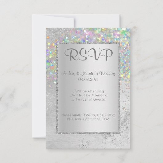 ELEGANT SILVER MARBLE HOLOGRAPHIC RSVP KAART (Voorkant)