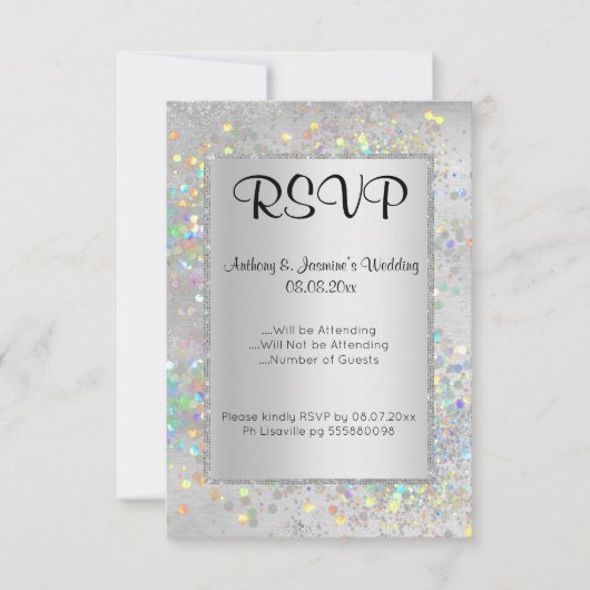 ELEGANT SILVER MARBLE HOLOGRAPHIC RSVP KAART (Voorkant)