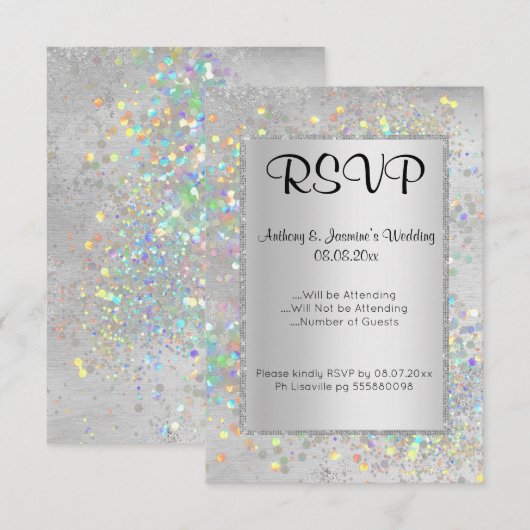 ELEGANT SILVER MARBLE HOLOGRAPHIC RSVP KAART (Voorkant / Achterkant)