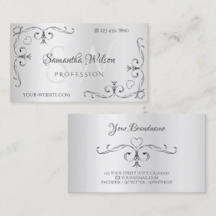 Elegant Silver met Initialen  Hoekgrenzen Visitekaartje