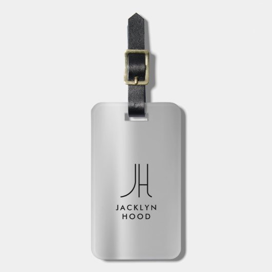 Elegant Silver Metallic Brushed Monogram Initial  Bagagelabel (Voorkant verticaal)