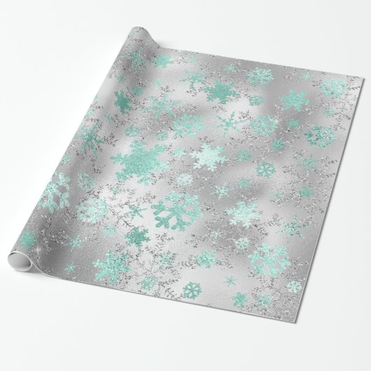 Elegant Silver Mint Kerstmis Snowflake Patroon Cadeaupapier (Uitgerold)