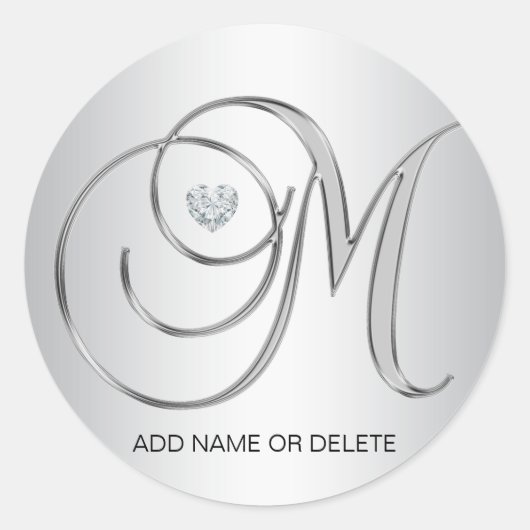 Elegant Silver Monogramed Initiaal Letter M Ronde Sticker (Voorkant)
