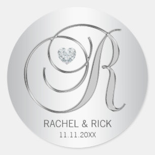 Elegant Silver Monogrammed Wedding Ronde Sticker
