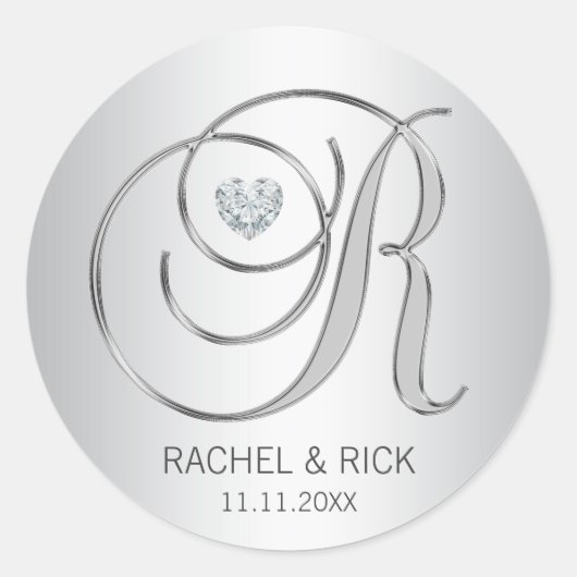 Elegant Silver Monogrammed Wedding Ronde Sticker (Voorkant)