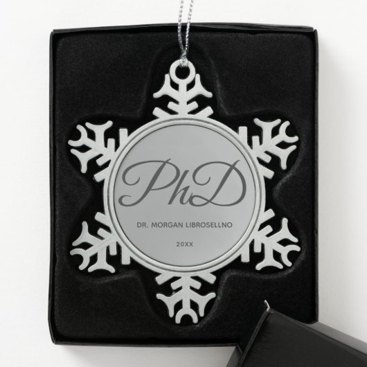 Elegant Silver Name PhD Afstuderen Snowflake Pew Tin Sneeuwvlok Ornament (Kistje)